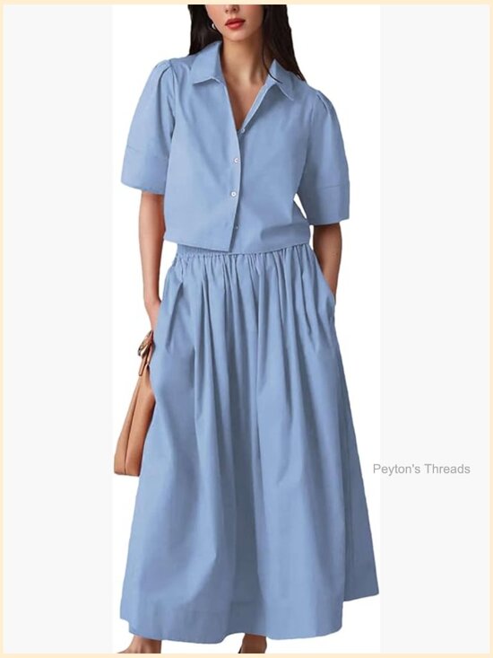 Dresses & Skirts - 2 Piece Skirt Set Button Short Sleeve Top Maxi Skirt with Pockets